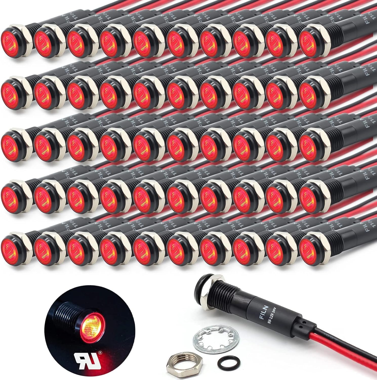 50Pcs 8MM (5/16") Indicator Light 12V 24V Metal Pilot Lamp Lights Aluminum Black Anodized Waterproof ip67 Red Signal Lamp Light(12V-24V Black Anodized-Red)