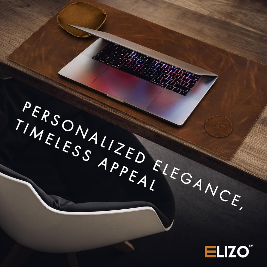 Elizo Real Leather Desk Mat Set (32x16) Large Desk Cover Desk Blotter Protector Computer Gaming Mouse Pad Table Laptop Office Desktop Accessories