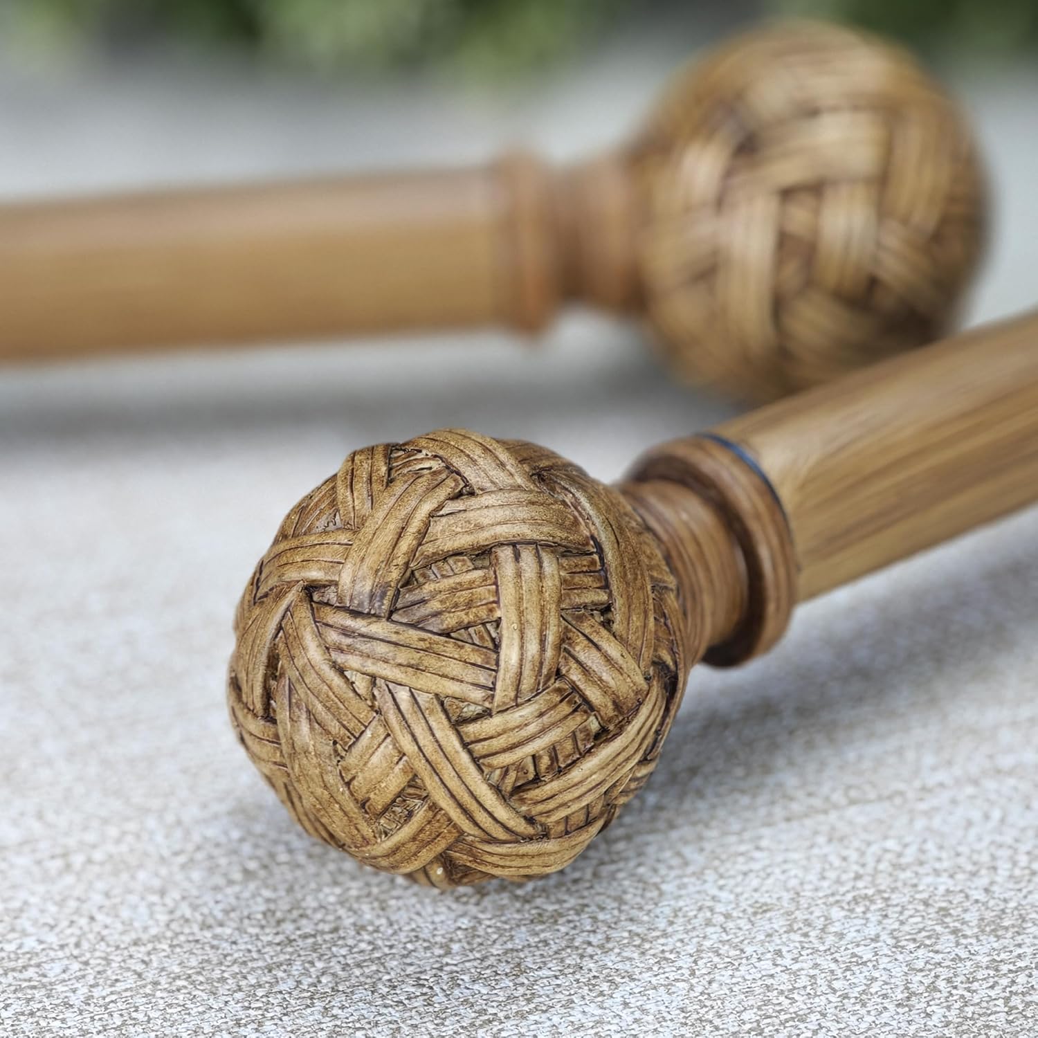 Faux Wood Style Curtain Rod Set with Faux Rattan Look Finial, 72-144 inch, Standard Single Drapery Rod for 1 Pack, 1 inch diameter, Adjustable Length