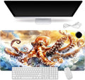 Heated Mouse Pad for Desk 31.5" x 13" – PU Leather Warm Desk Pad with 3 Heat Levels (104°F/113°F/122°F), Plug-in Electric Heating Mat with Auto Shut-Off, Waterproof & Rollable, Ocean Octopus