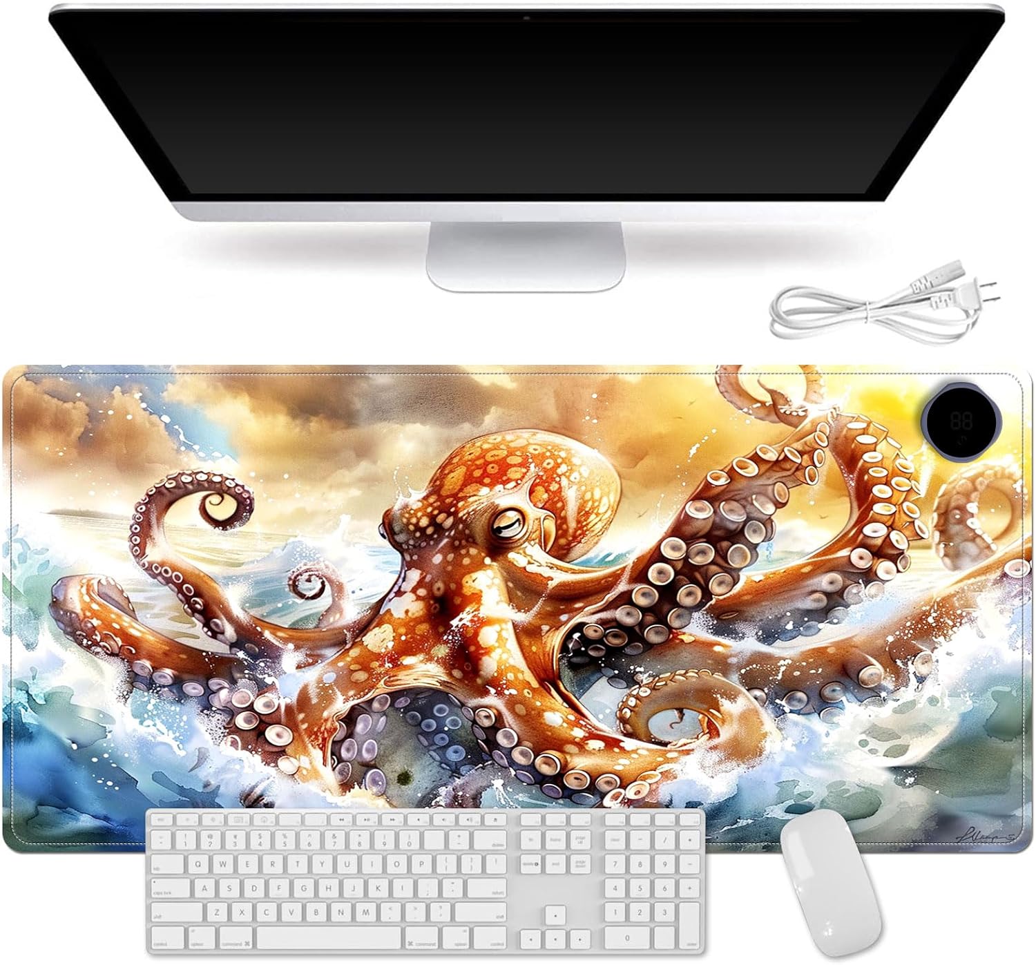 Heated Mouse Pad for Desk 31.5" x 13" – PU Leather Warm Desk Pad with 3 Heat Levels (104°F/113°F/122°F), Plug-in Electric Heating Mat with Auto Shut-Off, Waterproof & Rollable, Ocean Octopus