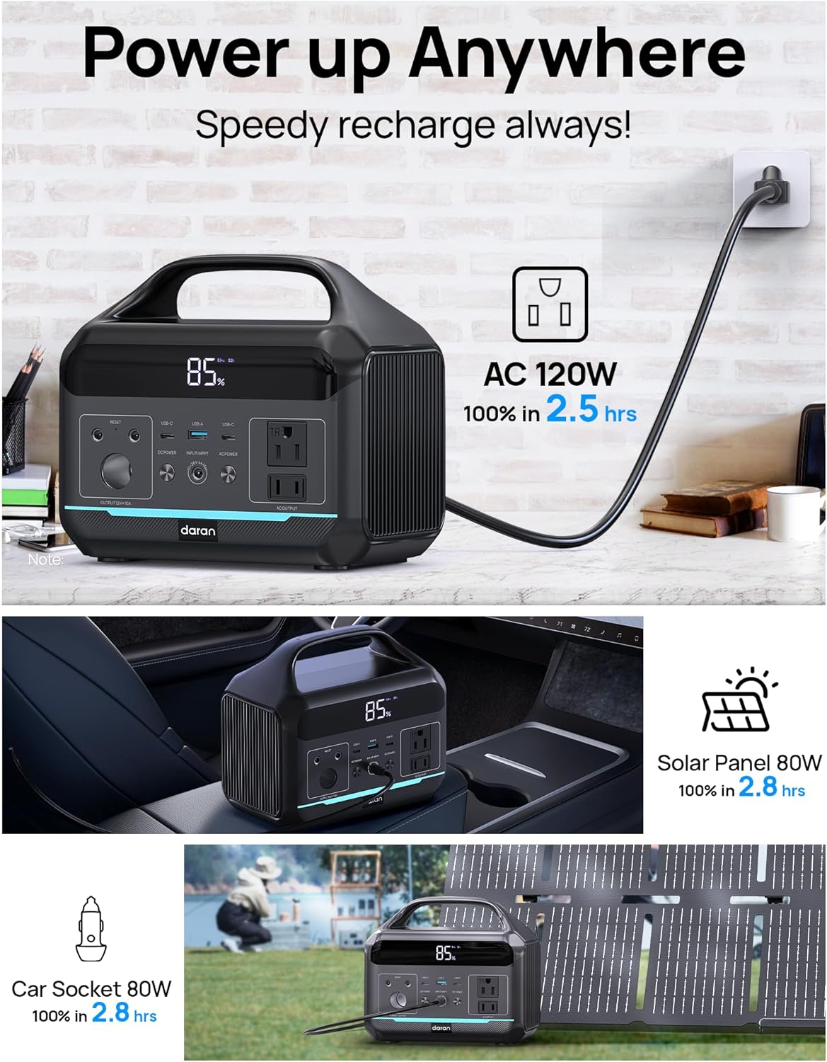 DARAN Portable Power Station 600W(1200W Surge) - 288Wh(90,000mAh) Solar Generator LiFePO4 Battery with AC DC Outlets, 8.3LB Portable Charging Station for Camping, RV, Home, Emergency (Solar Optional)