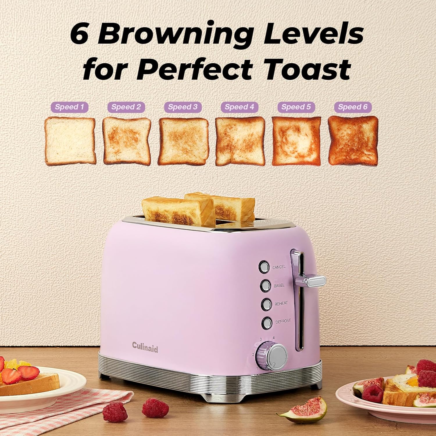 Toaster 2 Slice Retro Stainless Steel with 1.5” Extra Wide Slots Bagel, Defrost, Reheat, Cancel Functions, 6 Bread Shade Settings, Removable Crumb Tray, Pastel Pink