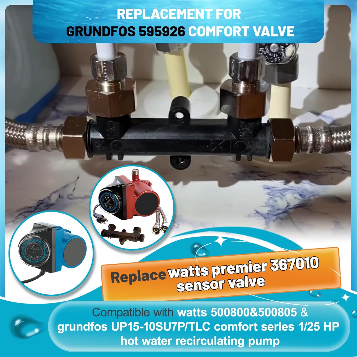 595926 Sensor Valve Fit for watts premier 500800&500805 and grundfos up Comfort Series Instant Hot Water Recirculating Pump System 367010 Thermal Bypass Bridge Valve Five Year Warranty