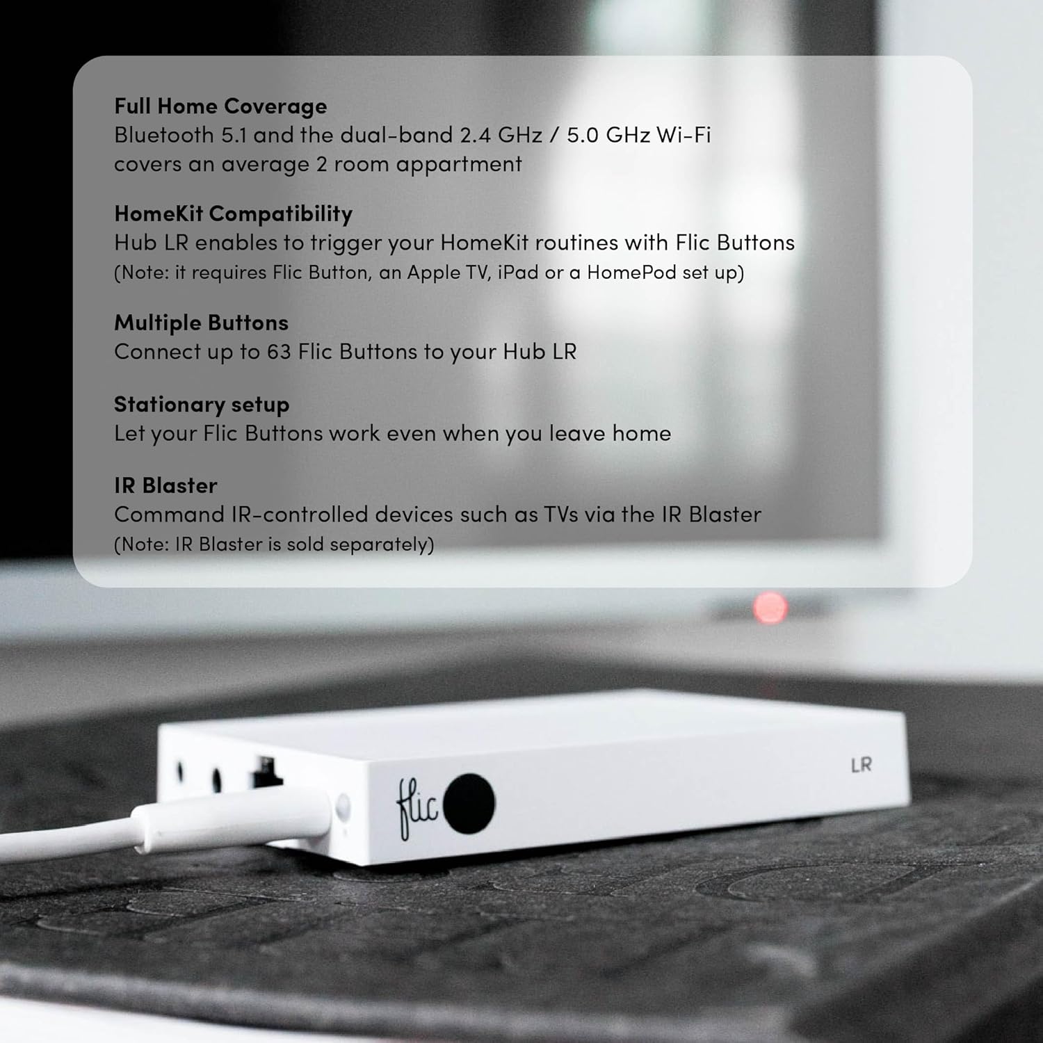 Flic Hub LR - Best Long Range Smart Home Hub with Native Support for Matter, Alexa, Homekit, Nanoleaf, Spotify, Philips Hue, Sonos, IR, Wi-Fi to Control Any Device with Flic Smart Button and Twist.