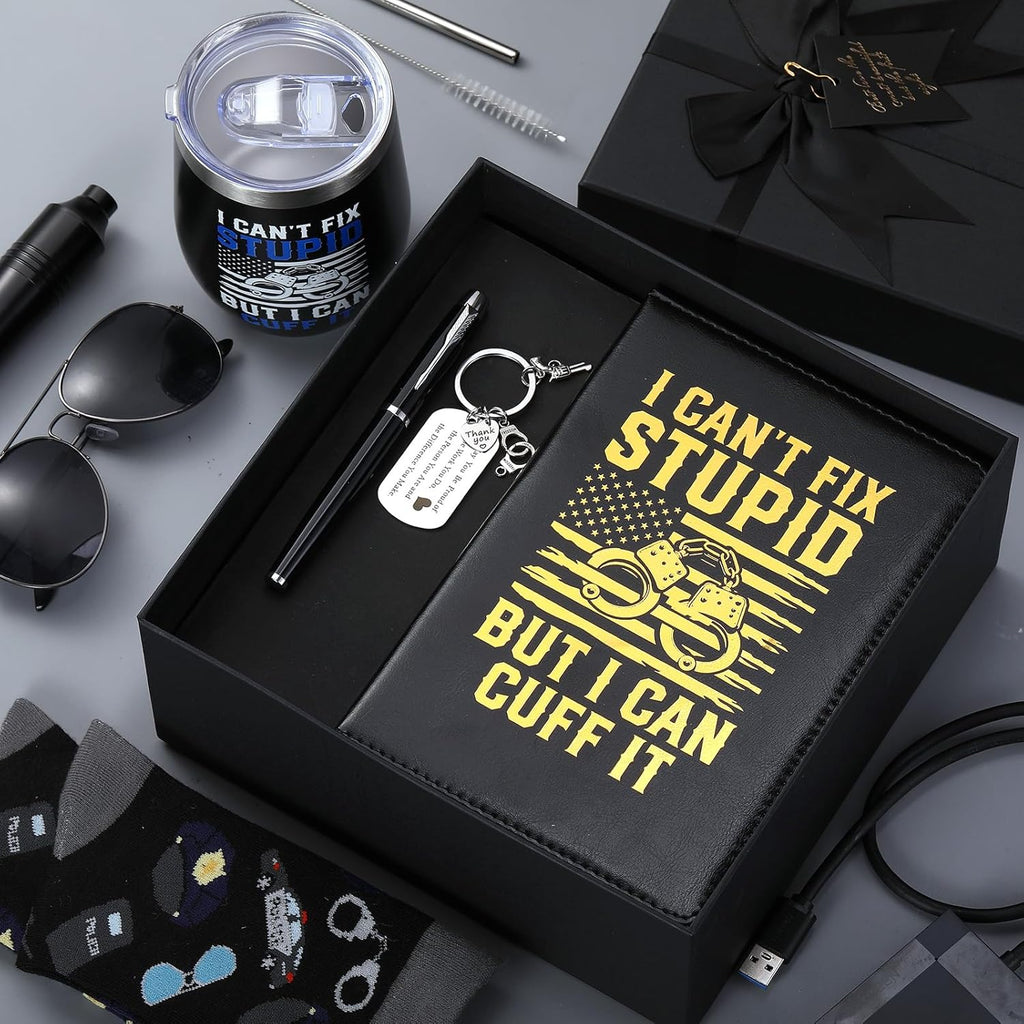 6 Pcs Police Officer Gifts for Men Law Enforcement Gifts 12 oz Stainless Steel Cup Socks Keychain Pen Notebook Box for Correctional Officer Cop First Responder Policeman Gear Accessories