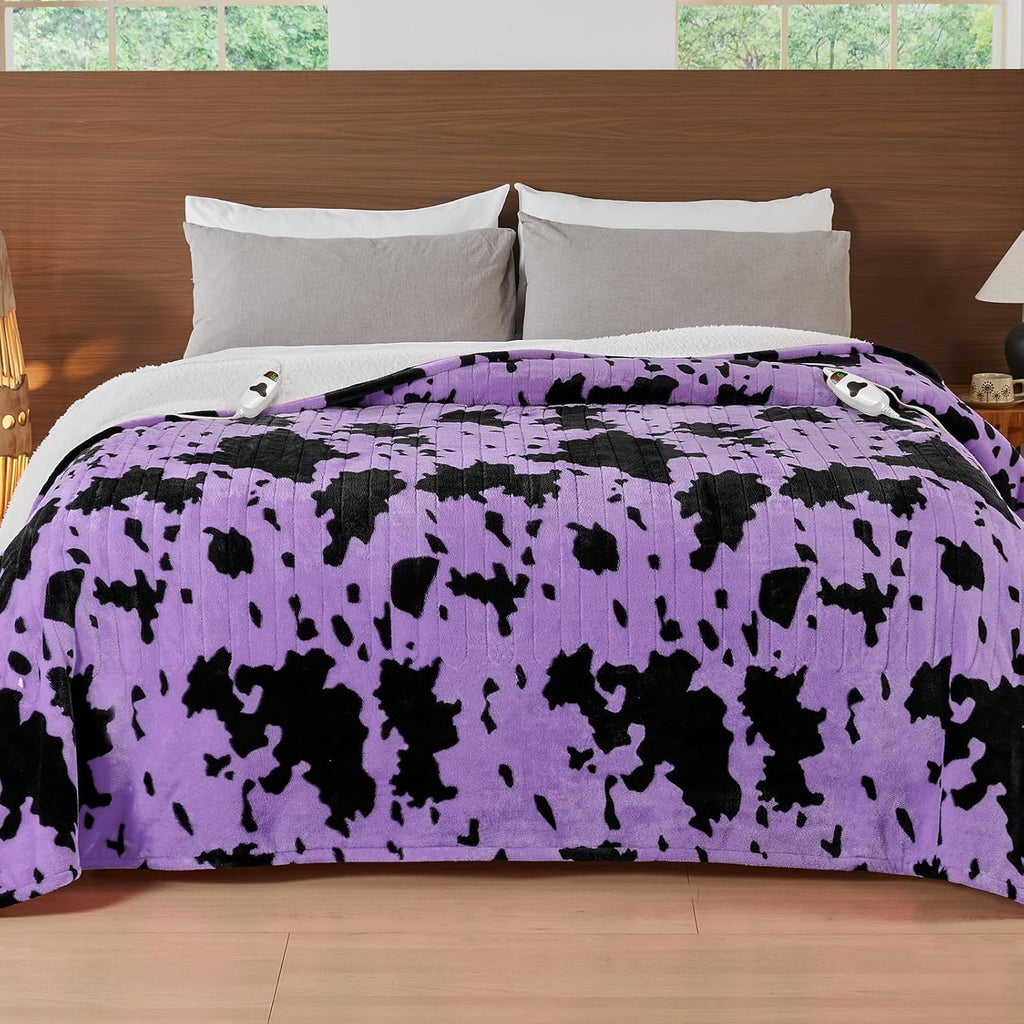 Cow Print Electric Heated Blanket King Size,90X100 Purple Heating Blanket King With Dual Control&Timer&10 Heat Levels,Highland Cow Decor Fleece Sherpa Blankets Warmer Gifts for Bed Women Adults