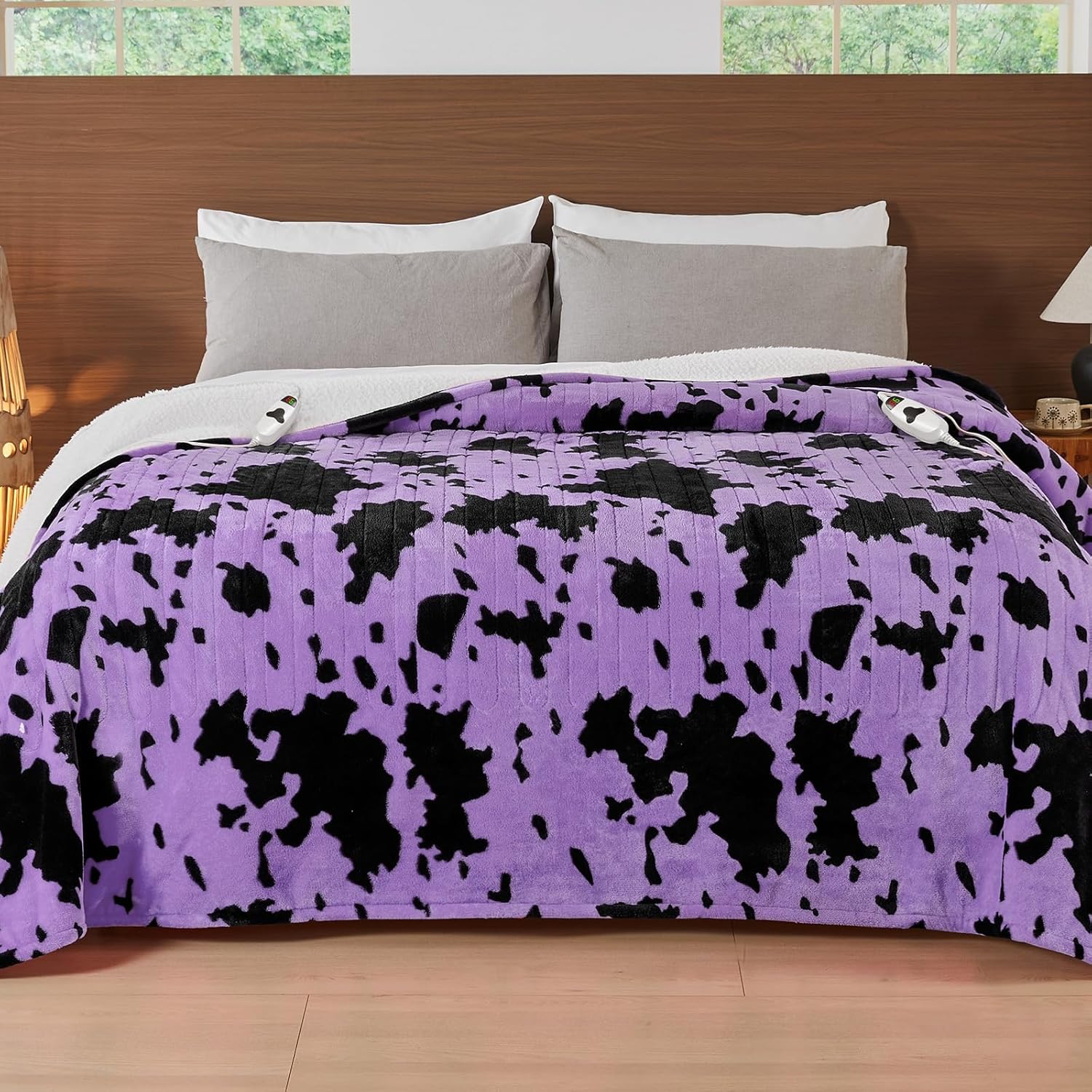 Cow Print Electric Heated Blanket King Size,90X100 Purple Heating Blanket King With Dual Control&Timer&10 Heat Levels,Highland Cow Decor Fleece Sherpa Blankets Warmer Gifts for Bed Women Adults