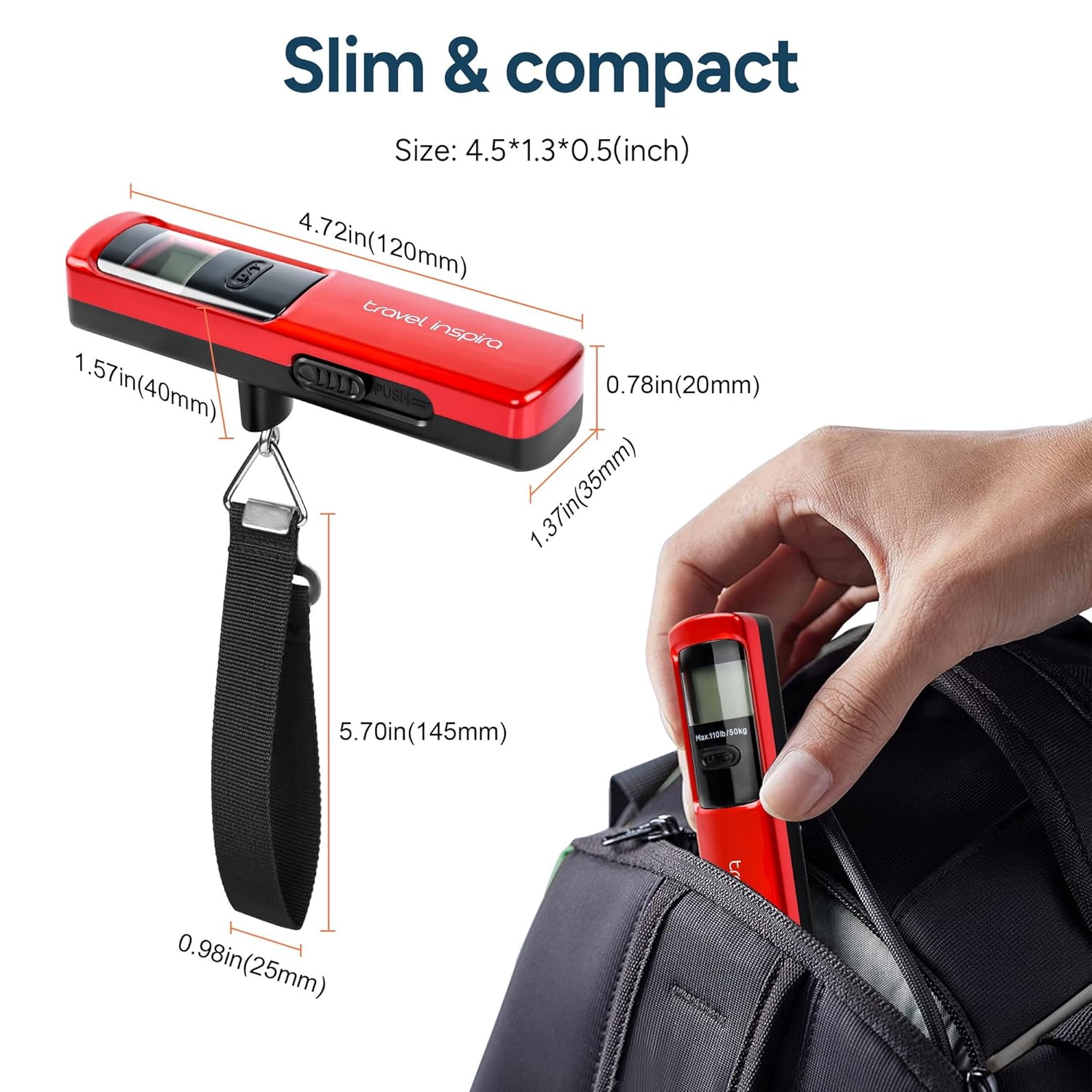 Battery-Free Luggage Scale, Suitcase Scale for Travel, 110 lbs/50 kg, Portable Handheld Weight Scale, No Batteries Needed