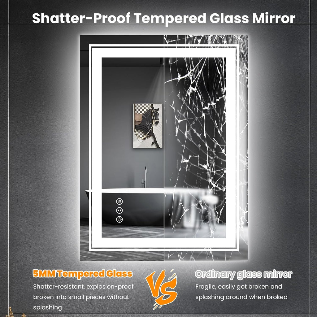 LED Bathroom Mirror, 20"x28" Mirror with Front and Backlit, Anti-Fog, Bathroom Vanity Mirror for Wall, Memory, Stepless Dimmable, Tempered Glass (Horizontal/Vertical)
