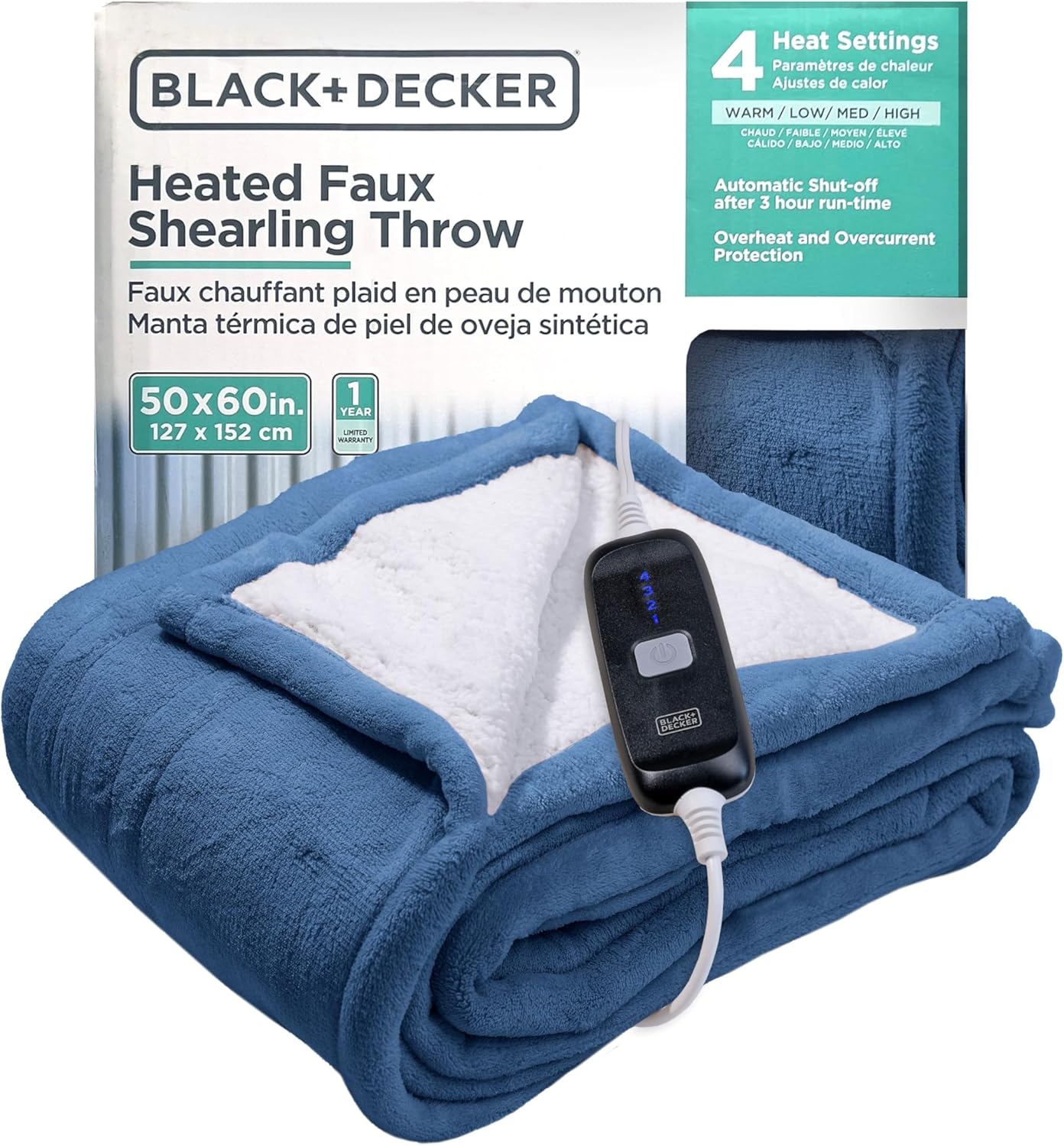 BLACK+DECKER Heated Blanket Electric Throw, Faux Shearling Electric Blanket, Heating Blanket with 4 Heating Levels, 3H Timer, Auto Shutoff, Fast Heating (50x60 inches, Navy)