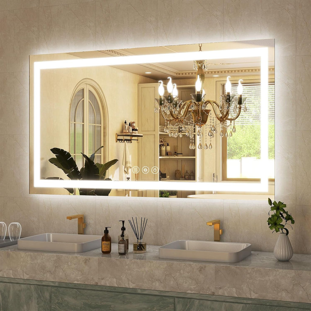 GLSLAND LED Bathroom Mirror - 48"x32" Anti-Fog Lighted Wall Mirrors with Memory Function, Dimmable, Frontlit & Backlit, Horizontally/Vertically, Tempered Glass