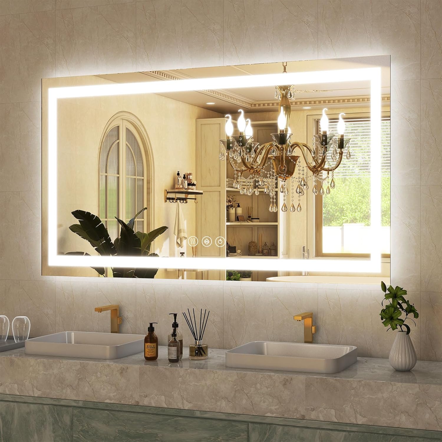 GLSLAND LED Bathroom Mirror - 48"x32" Anti-Fog Lighted Wall Mirrors with Memory Function, Dimmable, Frontlit & Backlit, Horizontally/Vertically, Tempered Glass
