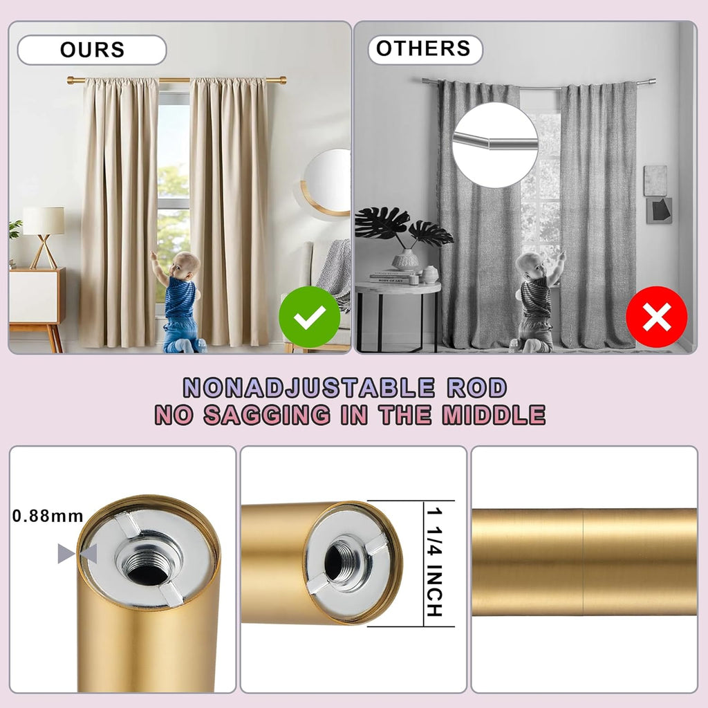 Heavy Duty Curtain Rods,1 1/4" Large Diameter Premium Nonadjustable Curtain Rod,48in/4ft Custom Window Treatment Rods with Durable Aluminum Brackets and End Caps,Gold Finish