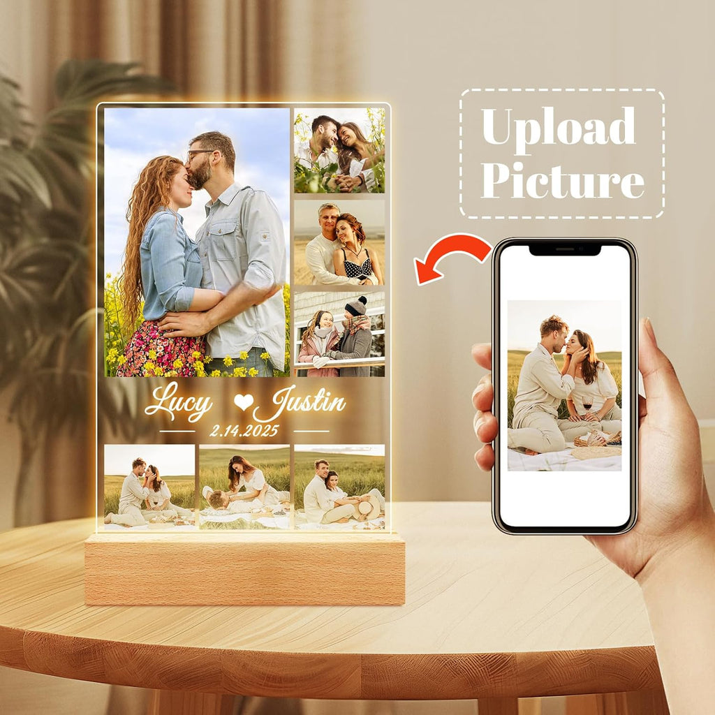Custom Picture Frames, Personalized Picture Frame with Night Light, Customized Photo Frame, Personalized Anniversary Valentines Day Gifts for Women Men Her Him Girlfriend Boyfriend Couple Wife