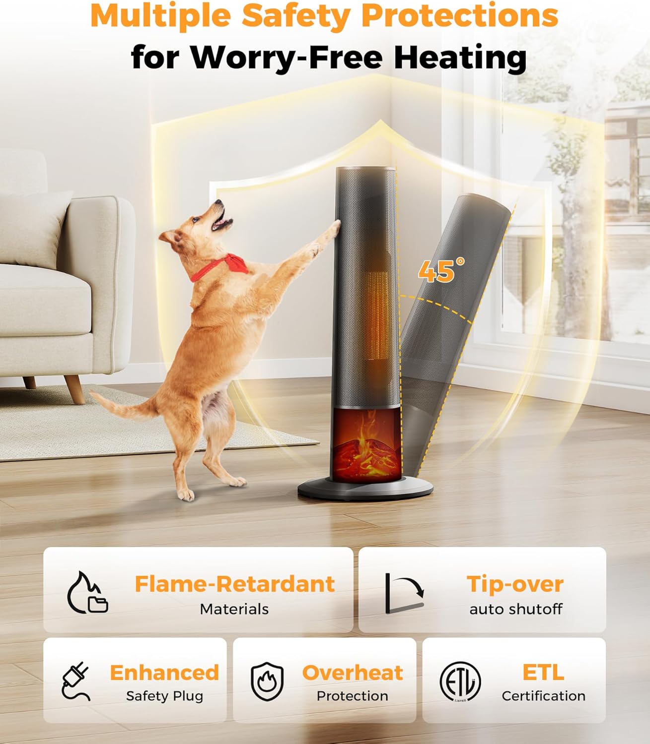 Tower Heater for Indoor Use - 25" Portable Space Heater with 3D Flame, Remote, Adjustable Thermostat, 2 Heat Modes, Multiple Safety Protection, 12H Timer, Quiet Electric Heater for Large Room