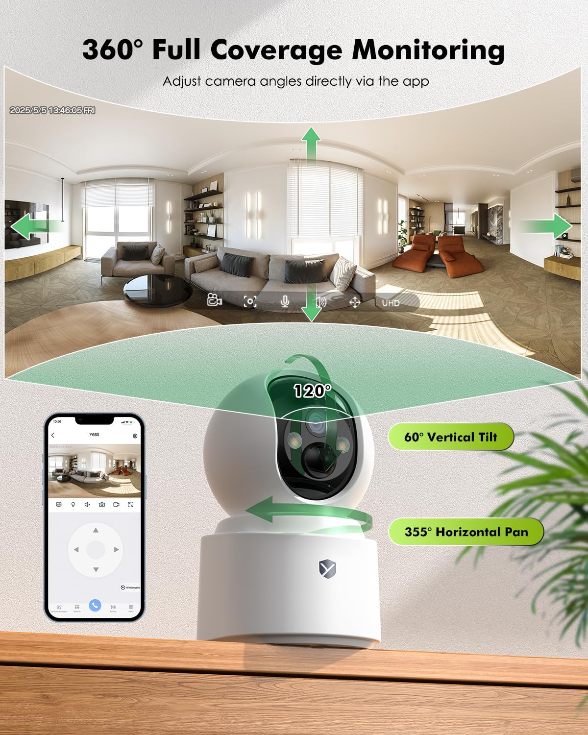 2.5K 4MP Pan/Tilt Security Camera Indoor with 6000mAh Battery, 5G&2.4G WiFi Camera for Home Security/Baby Monitor/Pet Wireless Surveillance Cam, Color Night Vision, AI Motion Detection, 2-Way Audio