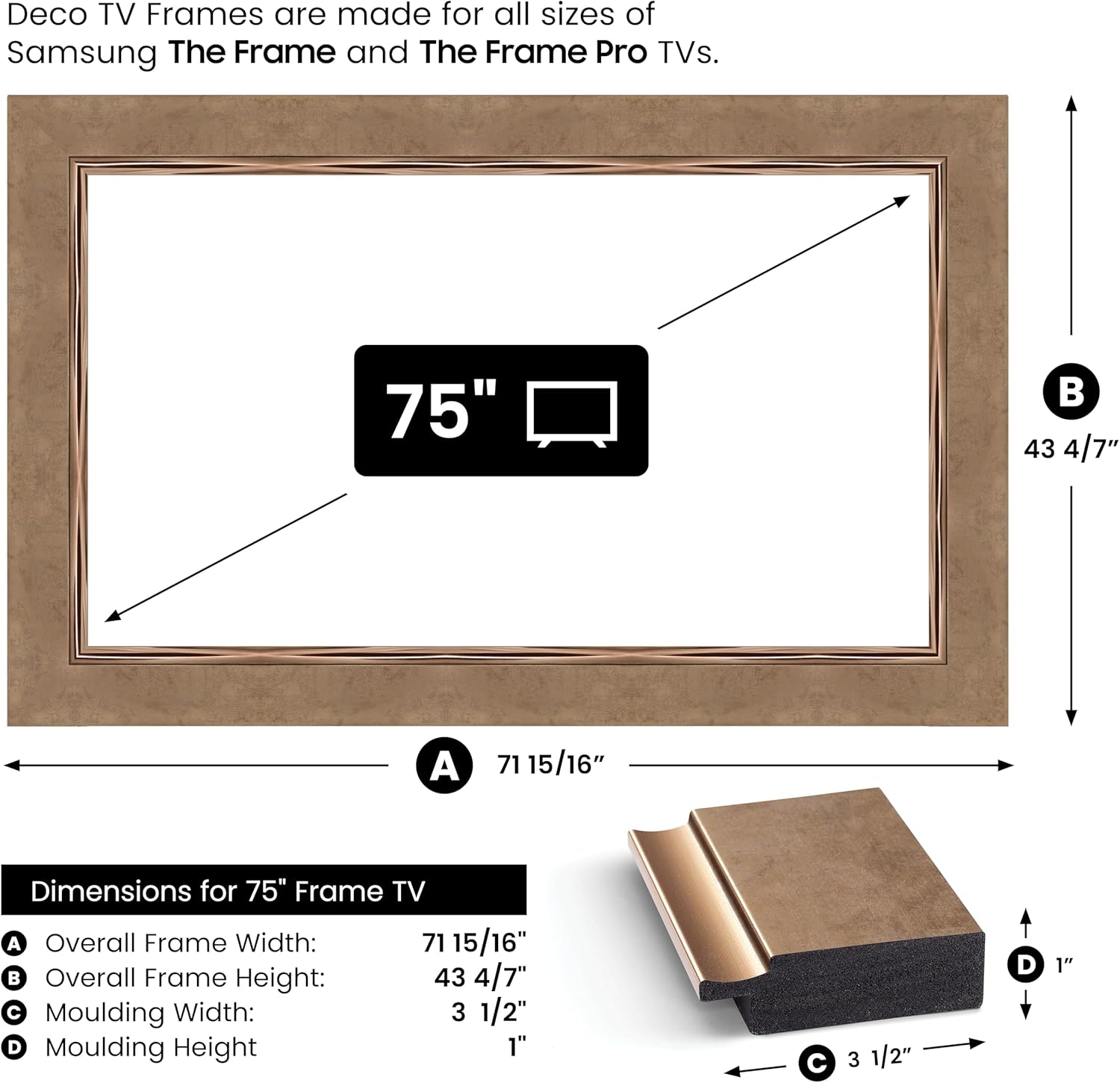 Contemporary Bronze 75" Premiere Deco TV Frame - Compatible ONLY with Samsung The Frame TV and Pro TVs (Fits 2021-2025, LS03A, LS03B,LS03C,LS03D,LS03FA,LS03FW)