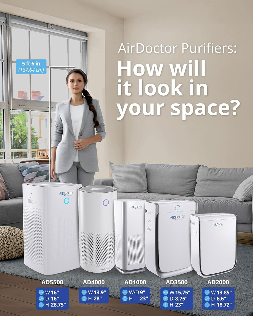 AIRDOCTOR 2000i SMART Air Purifiers for Small Rooms & Medium/Small Bedrooms, 3 Stage Filtration with Pre-Filter, UltraHEPA, Carbon/VOC (AirDoctor 2000i Smart)
