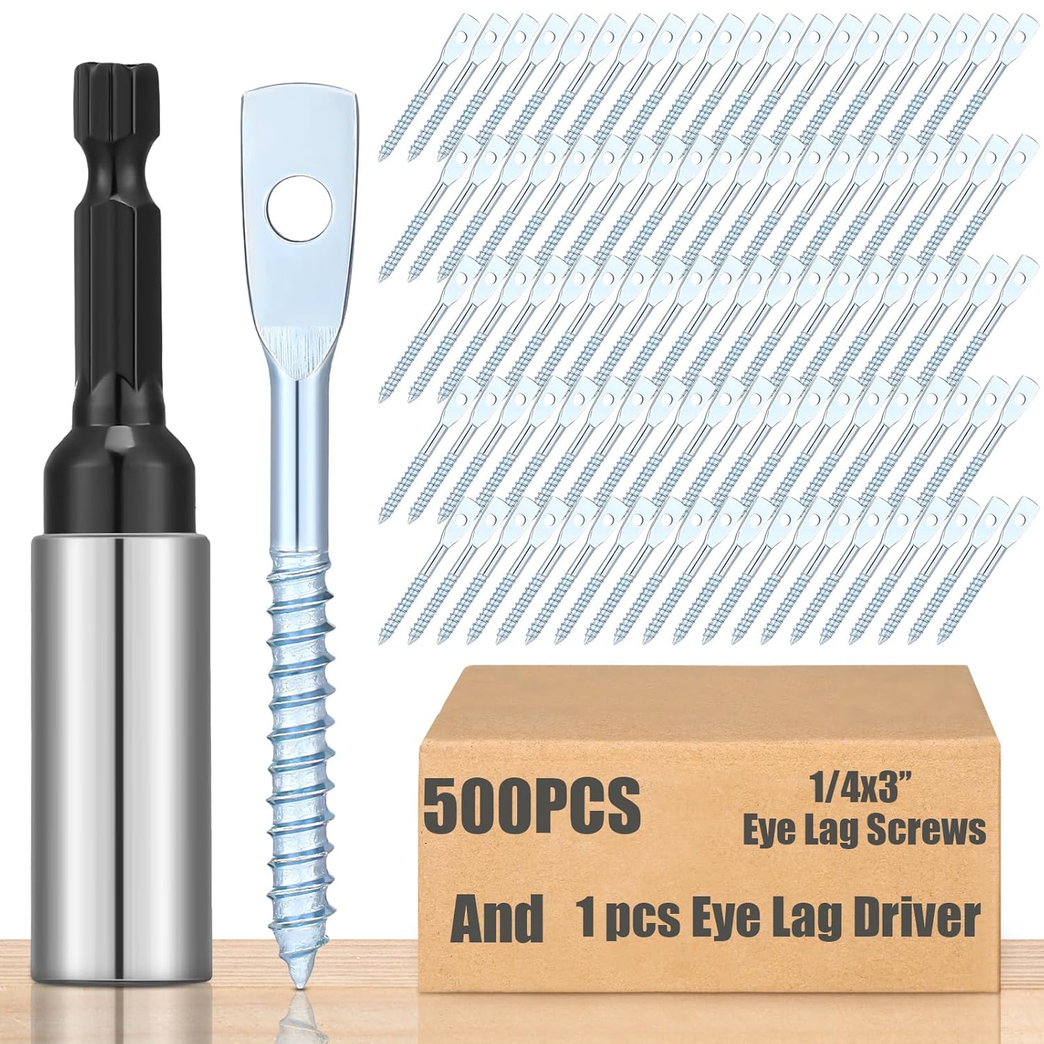 500 Pcs Eye Lag Screws and 1 Pcs Driver Set, 1/4 Inch x 3 Inch Eye Lag Wood Screws Zinc Plated 2-5/8 Inch Quick Install Bit Kit for Use with Attaching Hanger Wire to Ceiling Joists