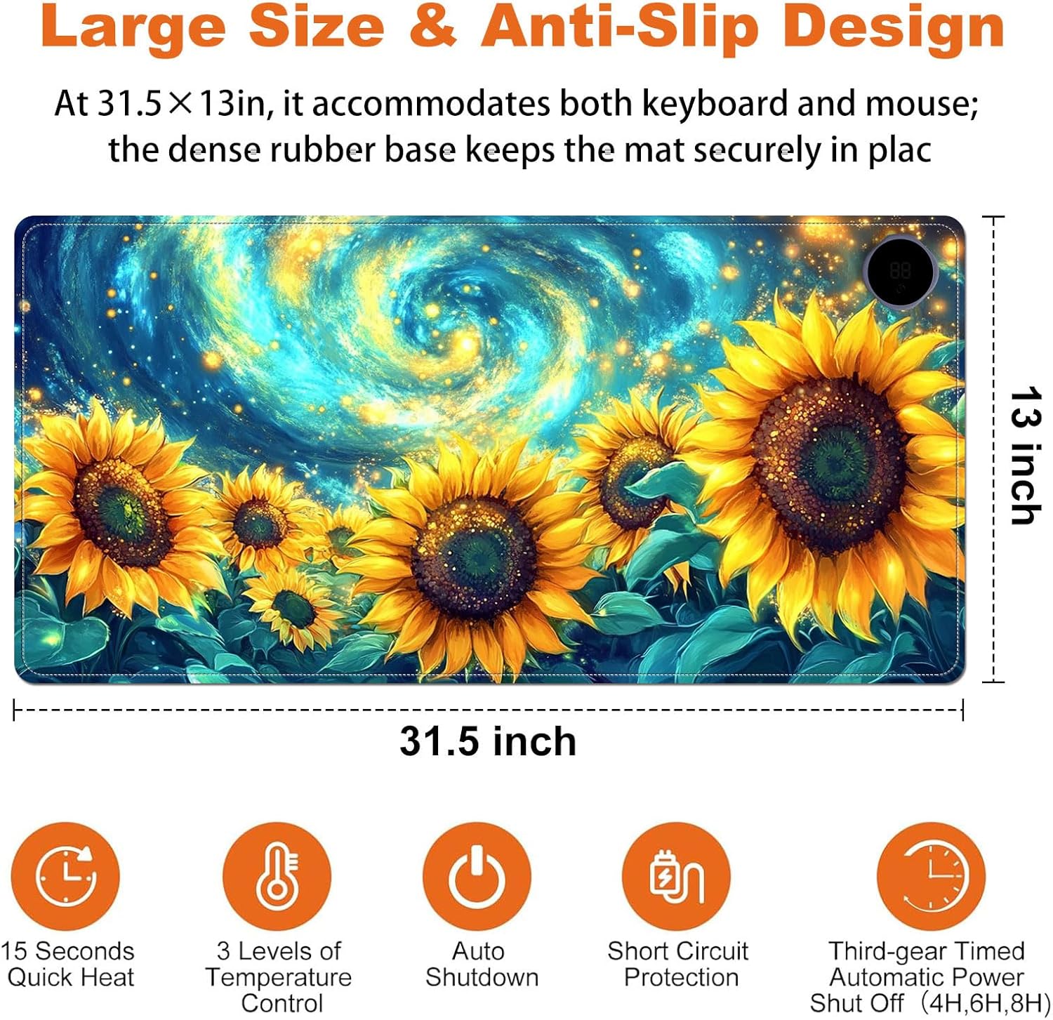Heated Mouse Pad for Desk 31.5" x 13" – PU Leather Warm Desk Pad with 3 Heat Levels (104°F/113°F/122°F), Plug-in Electric Heating Mat with Auto Shut-Off, Waterproof & Rollable, Starry Sunflowers