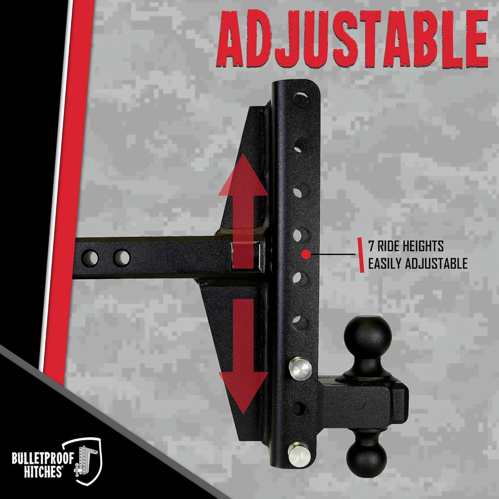 BulletProof Hitches - 2.0" Adjustable Heavy Duty Trailer Hitch (22,000 lb. Rating) - Offset 4" and 6" Drop/Rise Trailer Hitch with 2" & 2-5/16" Dual Ball Powder Coat, Solid Steel, Corrosion-Resistant