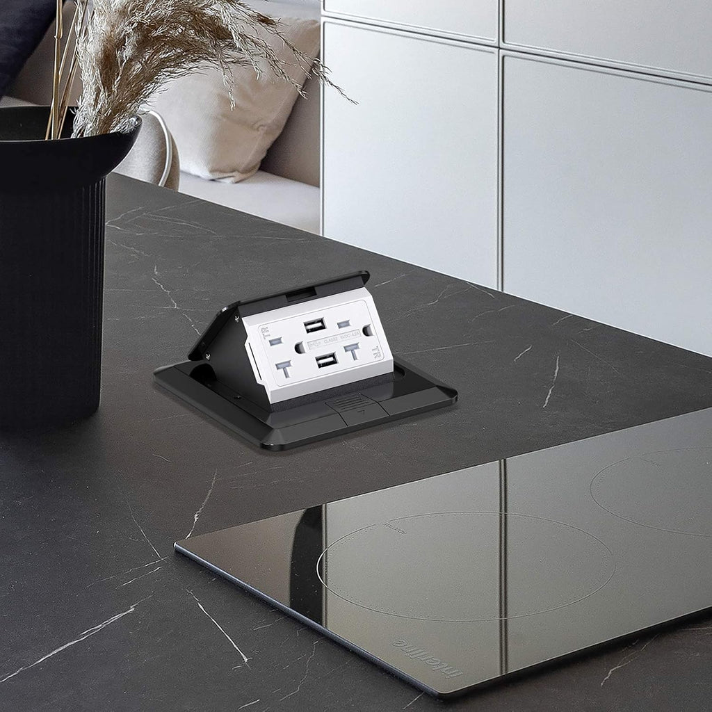 KYHSHJ 4.8A USB Chargers Pop Up Floor Waterproof Electrical Outlet Receptacle Stainless Steel Box,Black