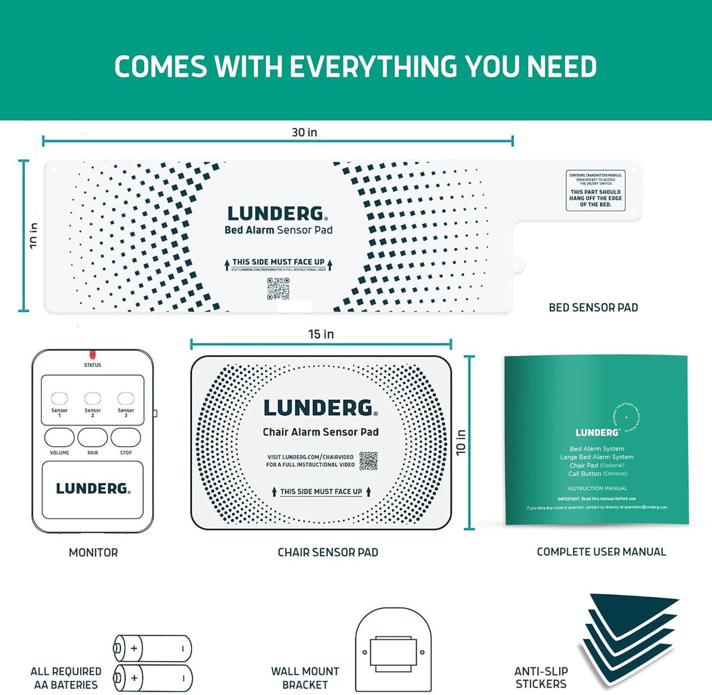Lunderg Bed Alarm for Elderly Adults & Chair Alarm Set - Wireless Bed Sensor Pad (10” x 30”), Chair Sensor Pad & Pager - Alarms and Fall Prevention for Seniors & Dementia Patients - Full Caregiver Set