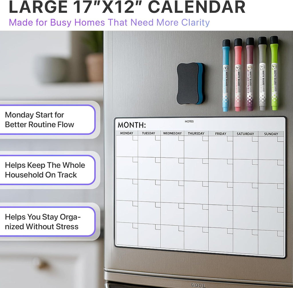 Monthly Magnetic Calendar for Refrigerator – Monday Start 17 x 12” Fridge Calendar Magnet | Dry Erase Whiteboard Family Planner & Schedule Board | Include 5 Markers & Eraser by Freedom Mastery