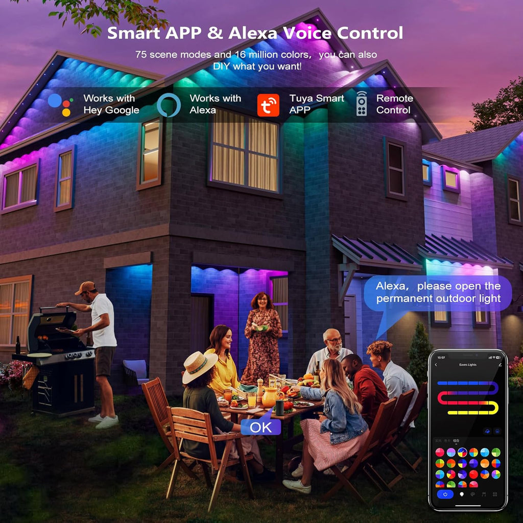 Smart Permanent Outdoor Lights, 100ft Smart Eave Lights with 72 LED Bulbs IP67 Waterproof DIY Multicolor for Daily, Festival, Party, Garden, House Decor, Work with APP/Alexa/Google Assistant