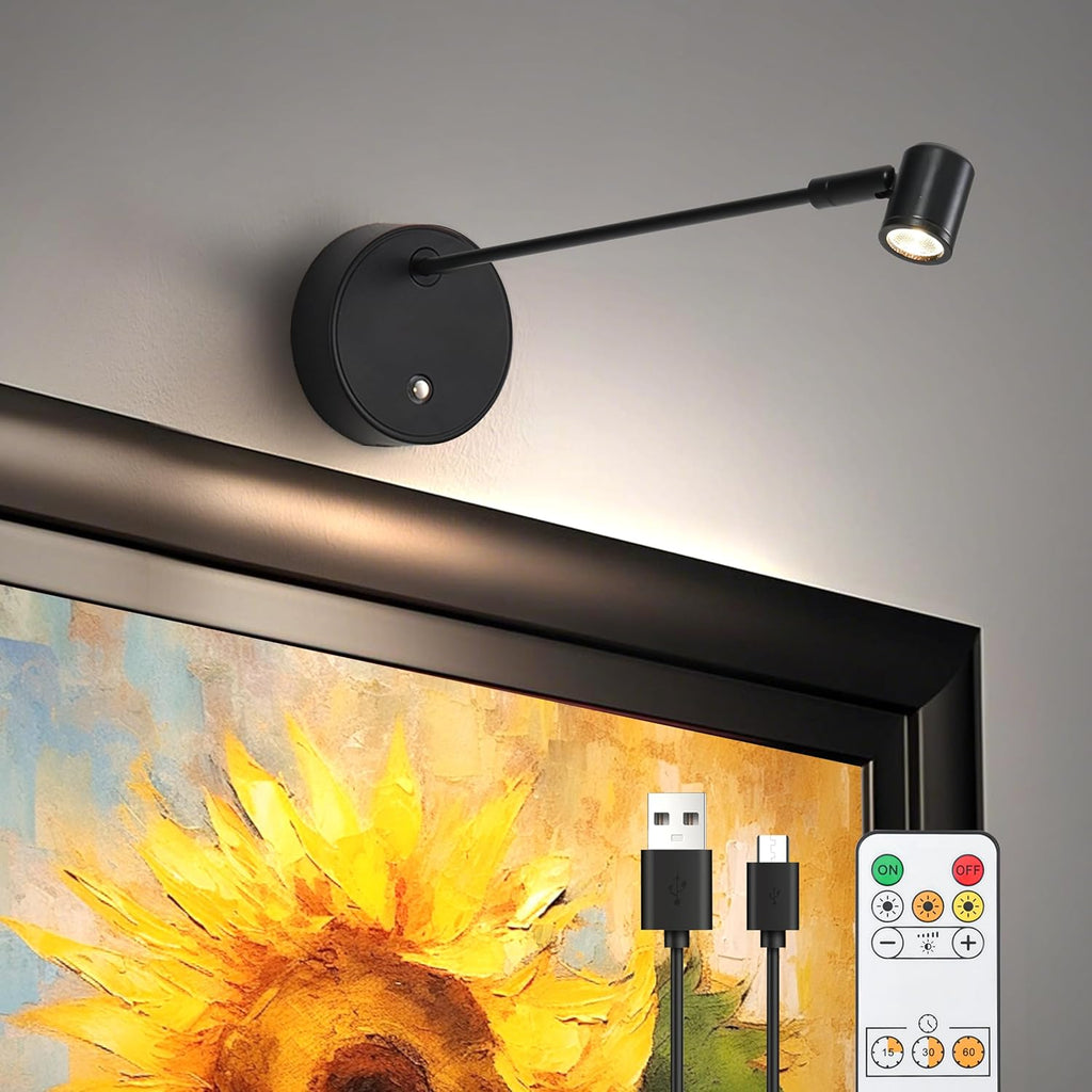 ZitoStory Lights for Pictures On Wall, Battery Operated Picture Light Rechargeable,Black Led Art Lighting for Paintings Wireless with Remote Magnetic Stick Dimmable and Timer（1 Pack）