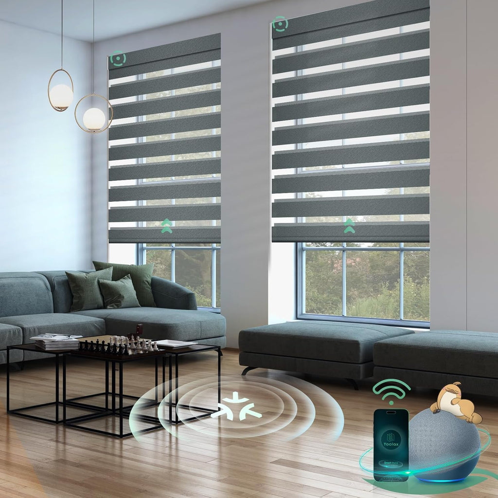 Yoolax Smart Blinds - Motorized Zebra Blinds, Compatible with Alexa, Google Home, Apple Homekit, Electric, Custom Roll Up, Indoor, Cordless, Blackout, Starry Charcoal