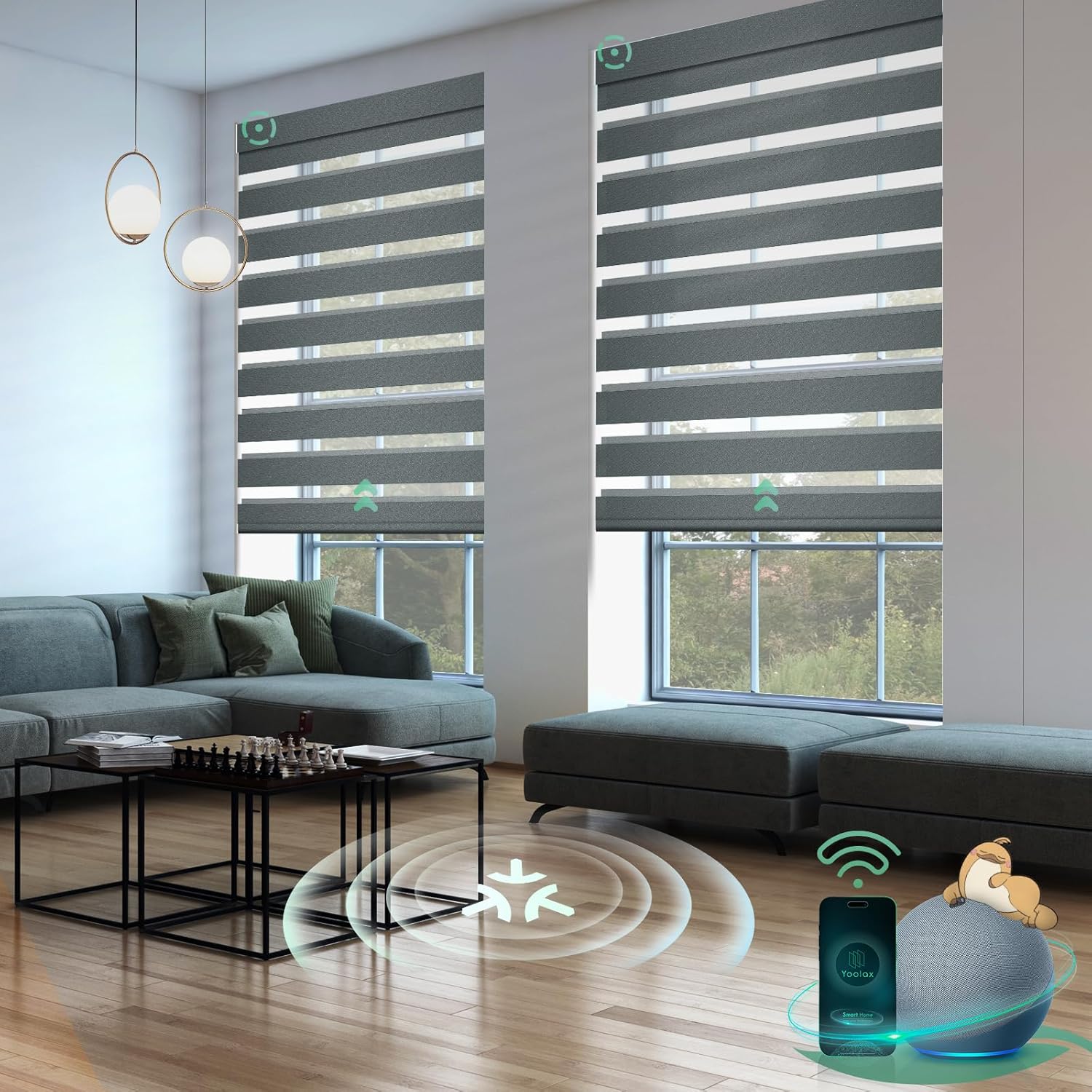 Yoolax Smart Blinds - Motorized Zebra Blinds, Compatible with Alexa, Google Home, Apple Homekit, Electric, Custom Roll Up, Indoor, Cordless, Blackout, Starry Charcoal