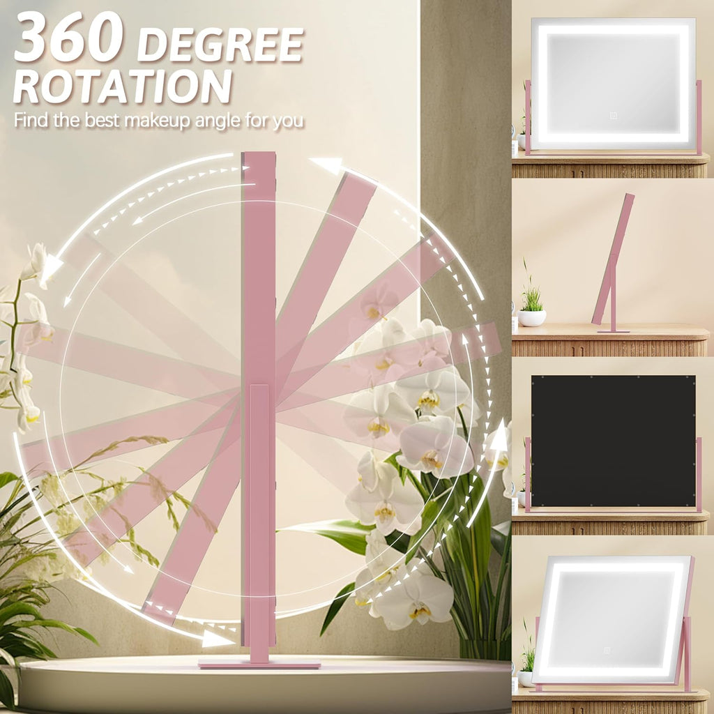 ROLOVE Pink Vanity Mirror with Lights 22"x18", Lighted Makeup Mirror with 10X Magnification, Smart Touch 3 Colors Dimmable, 360° Rotation, Gift for Teens
