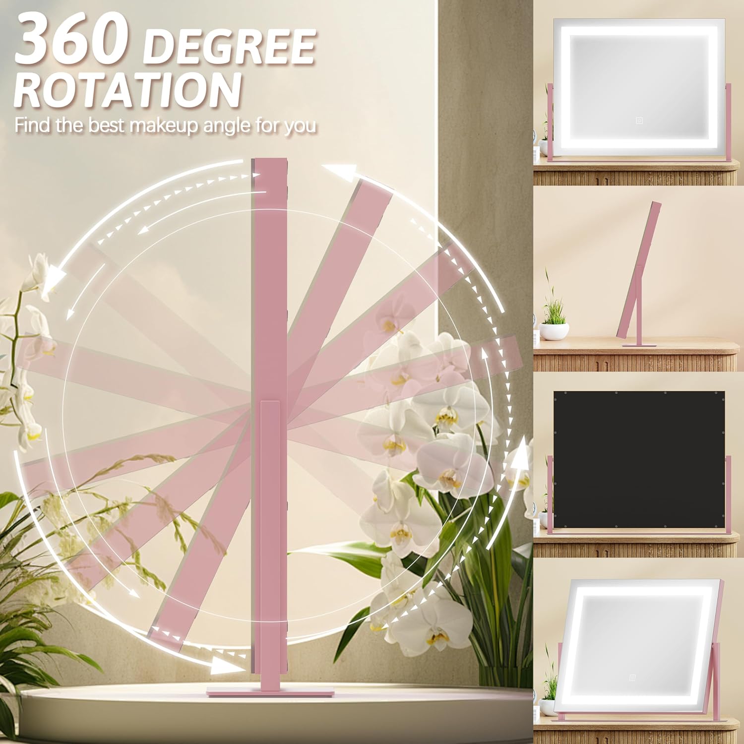 ROLOVE Pink Vanity Mirror with Lights 22"x18", Lighted Makeup Mirror with 10X Magnification, Smart Touch 3 Colors Dimmable, 360° Rotation, Gift for Teens