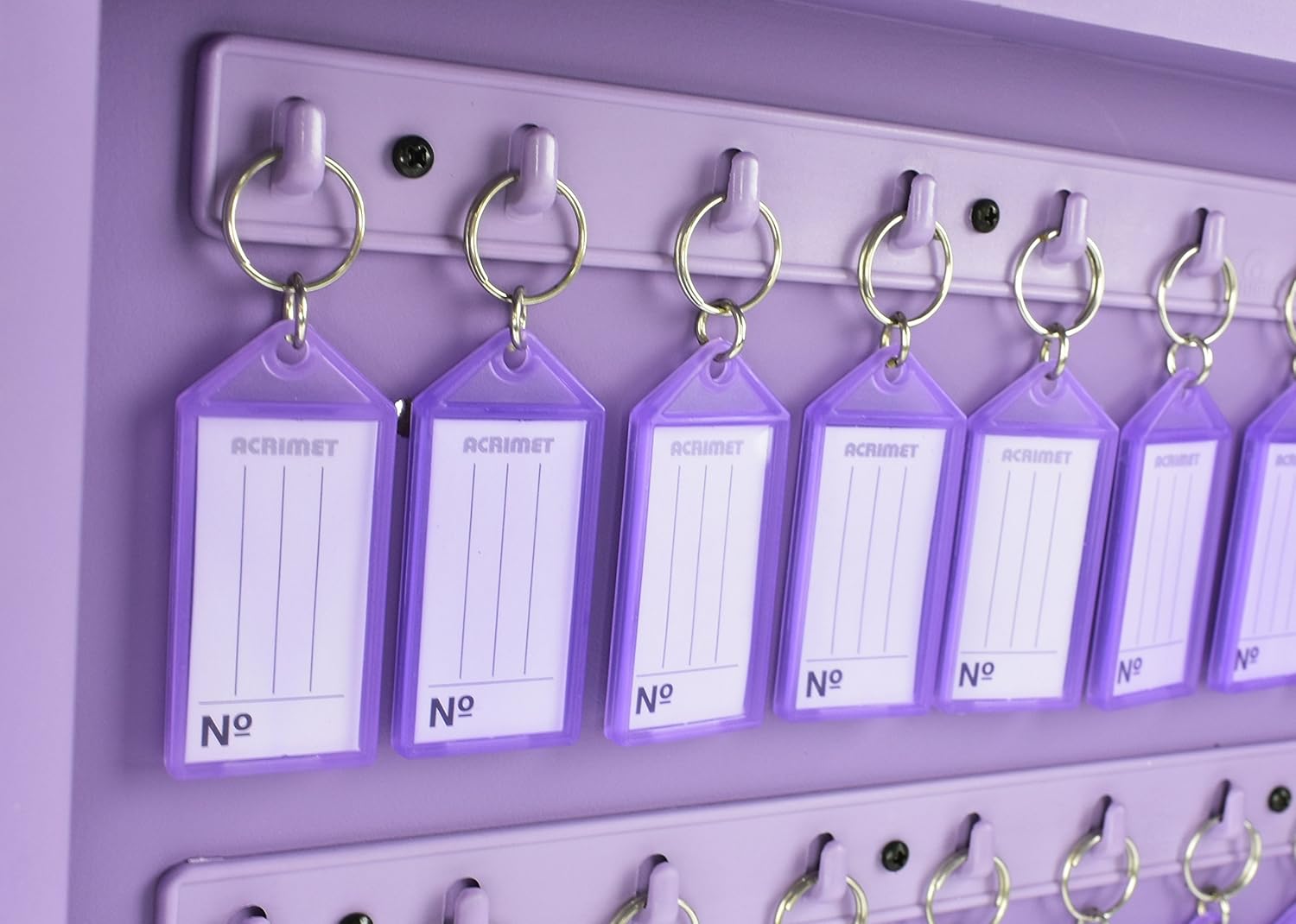Acrimet 24-Key Cabinet with Lock, Wall Mount Wooden Key Organizer, Security Key Storage Box (24 Positions) with Numbered Hooks & Clear Purple Key Tags – Commercial & Home Use (Purple)