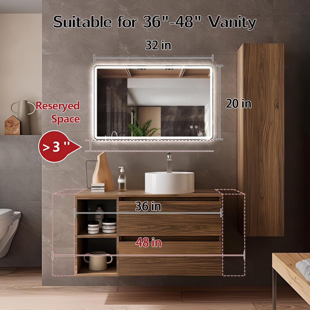 Niccy 20"x32" LED Bathroom Mirror, Rectangle Vanity Mirrors with Lights, Frontlit & Backlit Lighted Vanity Mirror, Memory Funtion, 3 Colors & Stepless Dimmable, Anti-Fog, Horizontal/Vertical