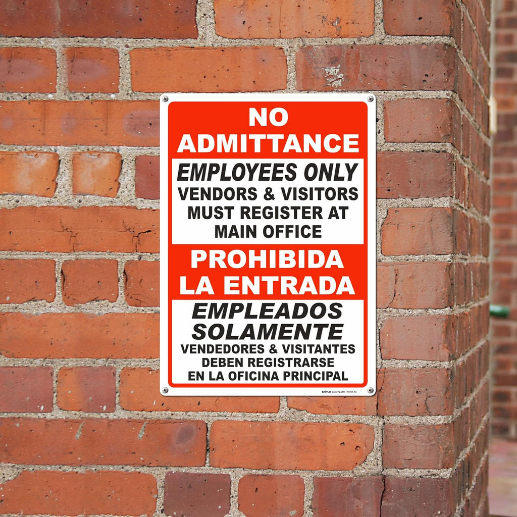 Brimar - 10" x 14" - Bilingual Vendors & Visitors Must Register Sign - .040″ Rust-Free Aluminum - High Visibility - Easy Installation