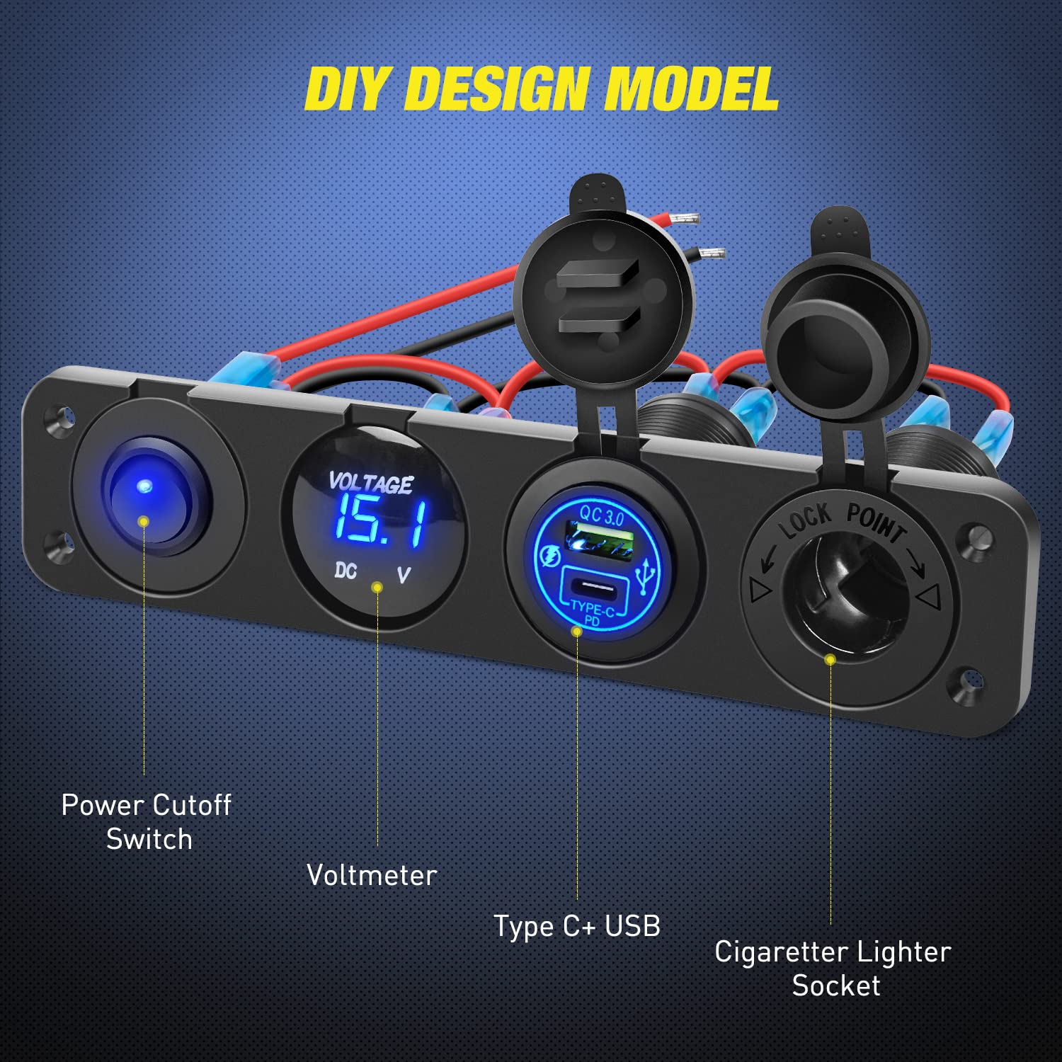 Nilight 4 in 1 ON/Off Charger Socket Panel PD Type C and QC 3.0 USB Power Outlet LED Voltmeter Cigarette Lighter Rocker Toggle Switches for Truck Car Boats RV