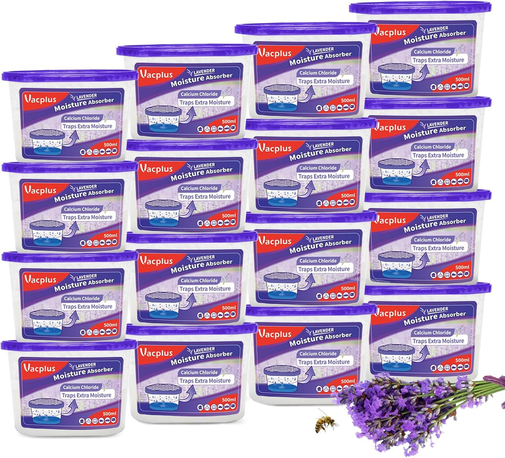 Vacplus Moisture Absorbers, 10.5 Oz Humidity Absorber Boxes Attracts Extra Moisture from Your Bathroom, Closet, Kitchen & Study, Dehumidifier, Odor Eliminator for Closet (Lavender Scent), 16 Packs