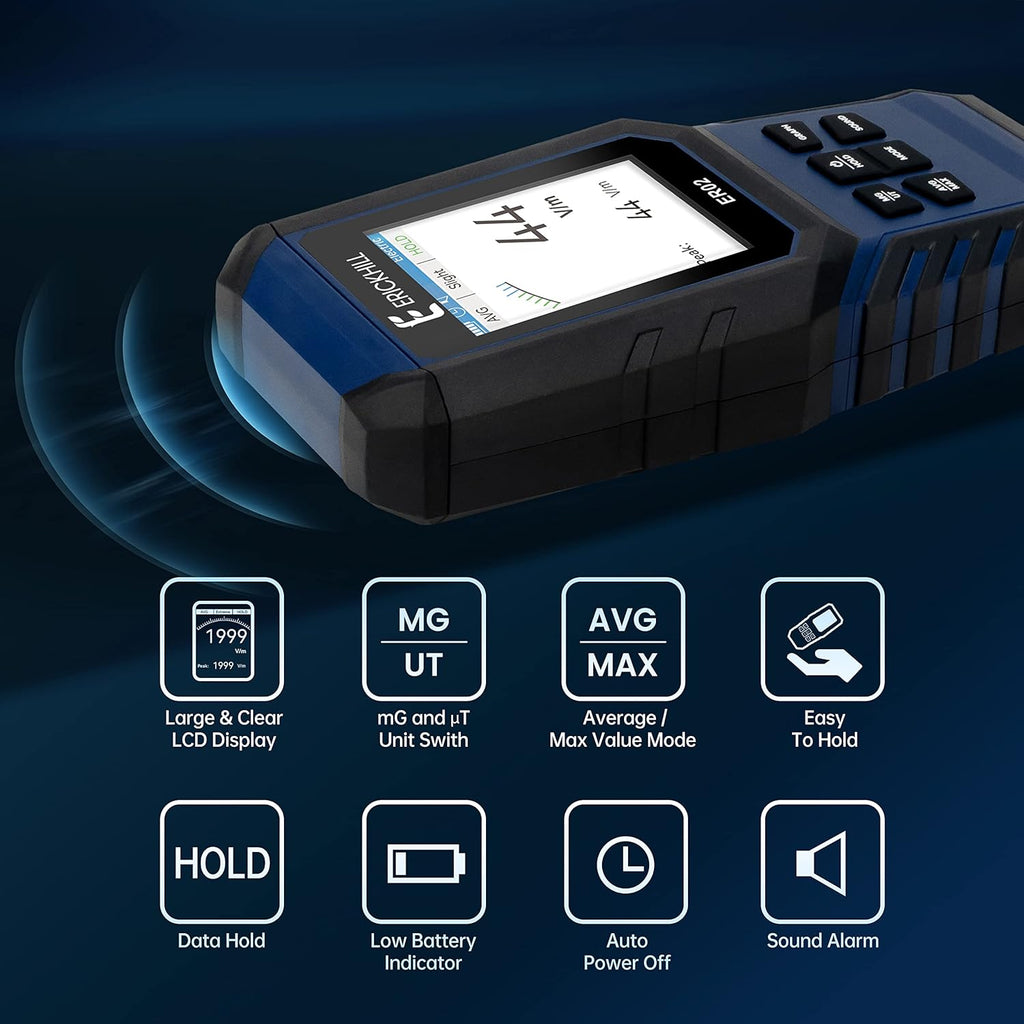ERICKHILL EMF Meter,3-in-1Rechargeable Digital Electromagnetic Field Radiation Detector for EF RF MF,5G Cell Tower, WiFi Signal Detector, for Home&Office EMF Inspections, and Ghost Hunting