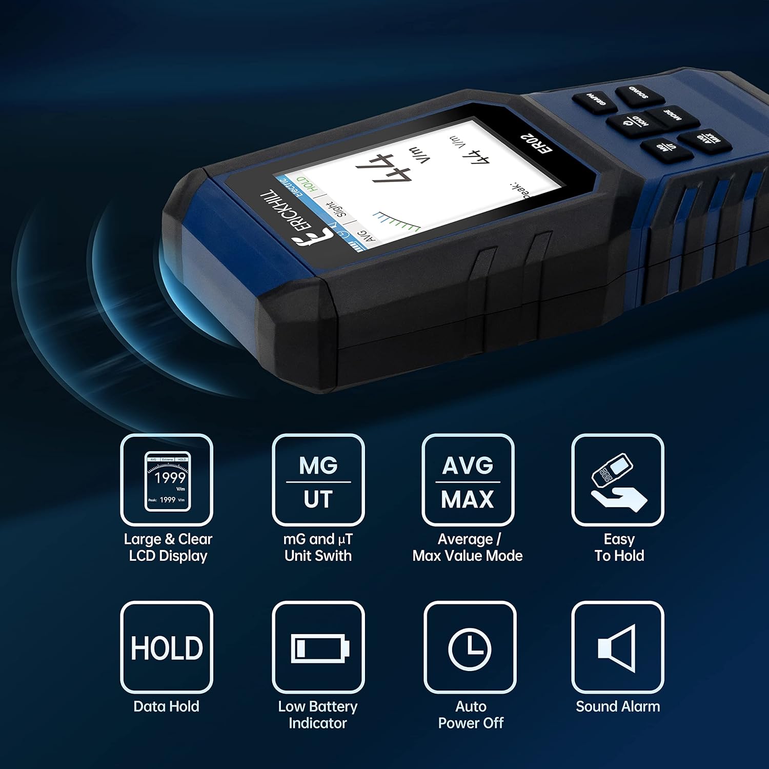 ERICKHILL EMF Meter,3-in-1Rechargeable Digital Electromagnetic Field Radiation Detector for EF RF MF,5G Cell Tower, WiFi Signal Detector, for Home&Office EMF Inspections, and Ghost Hunting