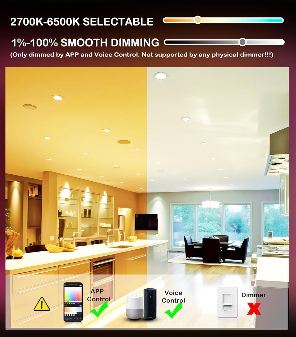 CLOUDY BAY [6 Pack] 4 Inch Smart LED Recessed Ceiling Light with RGB Back Light,Hub Included,10W 2700K-6500K,2W Color Changing Ultra-Thin Recessed Lighting, Baffle Trim Wafer Downlight, Hub Included
