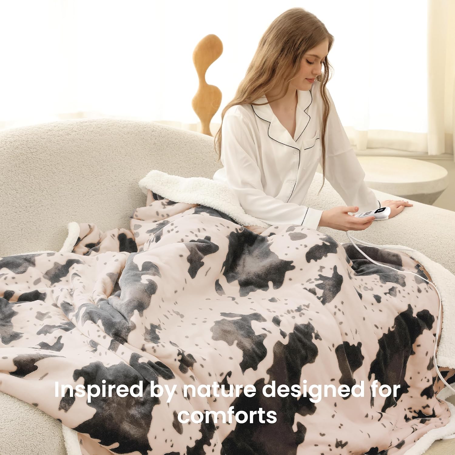 Cow Print Heated Blanket Twin-Heating Electric Blanket Twin with 10 Heat Levels & 10 Hours Auto-Off, Cozy Soft Fleece Sherpa, Washable, 62 x 84 Inche Cow Print Light Coral