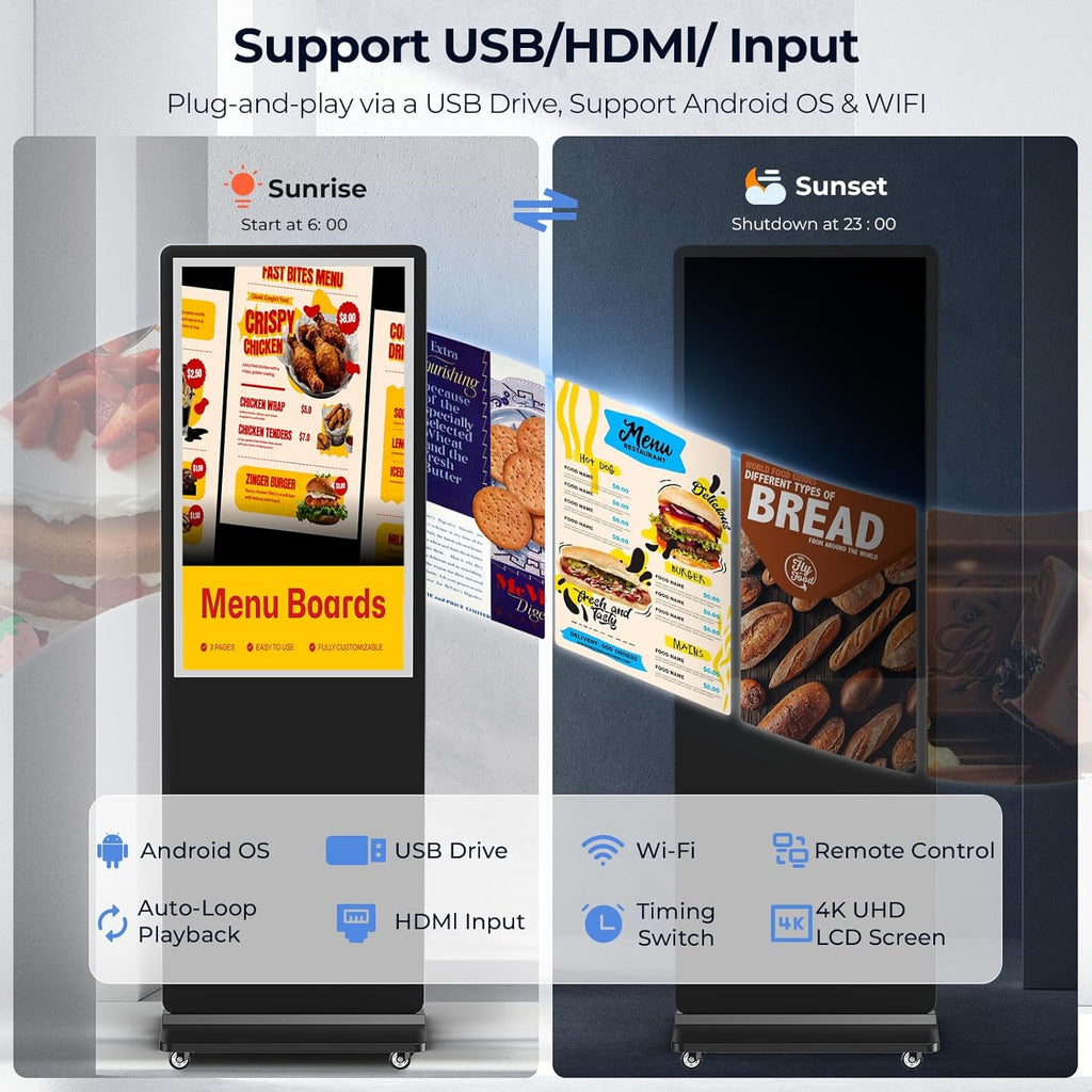 32/43/55/65 Inch Digital Signage Display, LCD Screen Advertising Display Kiosk Interactive Totem Floor Standing Auto AD Player with USB/HDMI/WiFi Android OS (32'' Non-Touch)