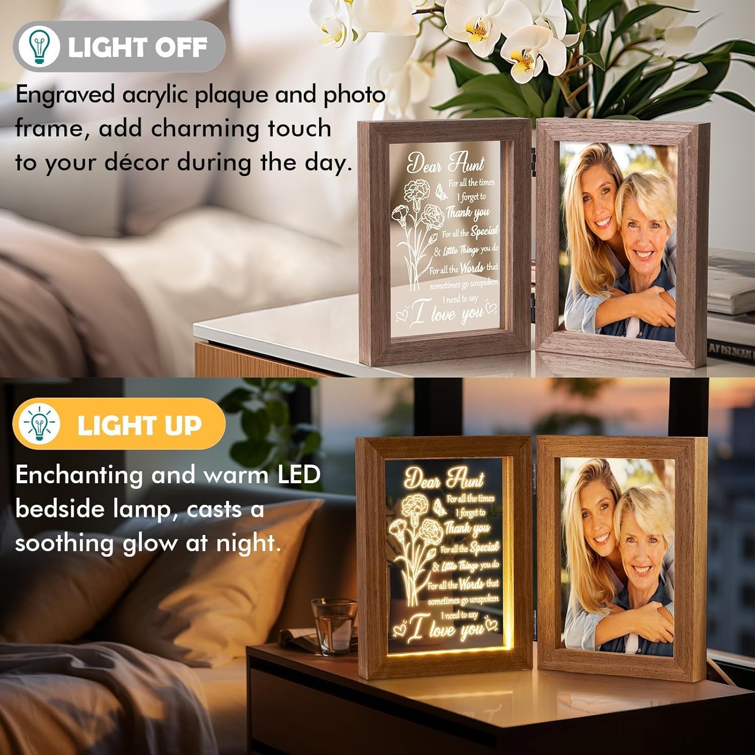 Aunt Gifts from Niece Nephew Aunt Christmas Gifts Auntie Gift, Engraved Night Light with Aunts Picture Frame Solid Wood, Best Auntie Ever Aunts Birthday Gift for Women - 5x7 Photos Table Display