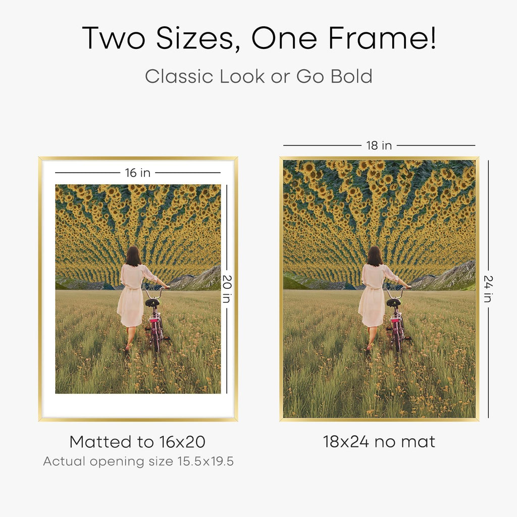 Homeforia 18 x 24 Poster Frame Gold, High End Metal 18x24 Picture Frames with Mat 16x20 Photo, 18 x 24 Gold Frame Matted to 16 by 20 Print, 24x18 Thin Hanging Frame, Tempered Glass, Wall Kit, Set of 3