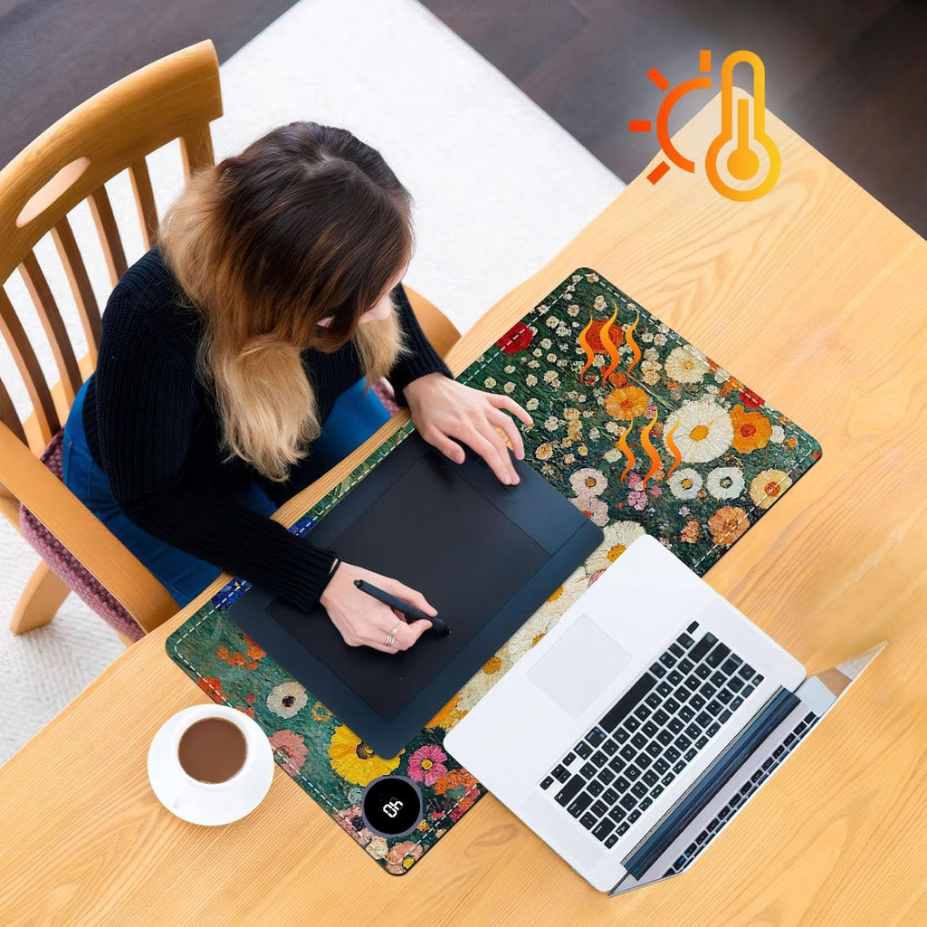 Heated Mouse Pad 23.6 x 14 in 3-Temp Fast Heating Desk Mat with Auto Timer Warmer for Hands Wrist Pain Relief Waterproof Keyboard Mat for Office, Gaming, Home, Floral Garden