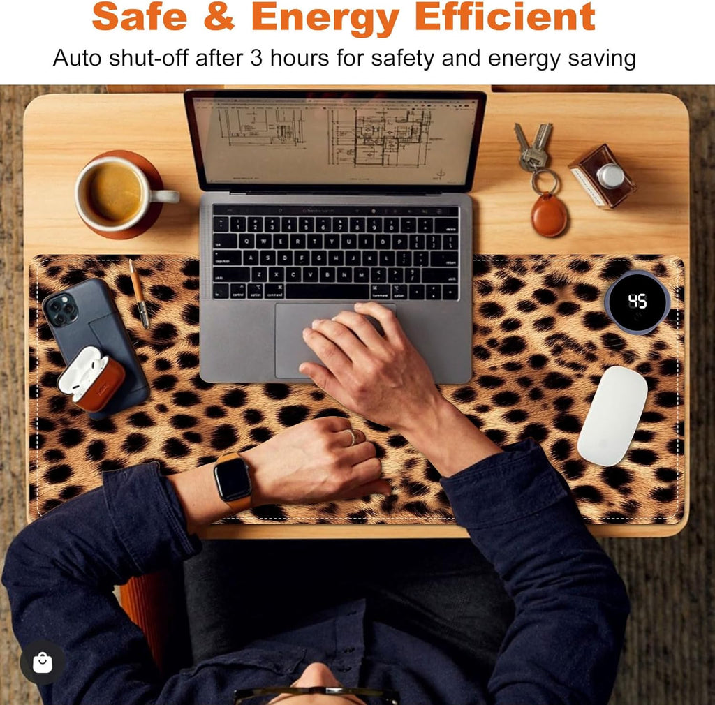 Heated Mouse Pad for Desk 31.5" x 13" – PU Leather Warm Desk Pad with 3 Heat Levels (104°F/113°F/122°F), Plug-in Electric Heating Mat with Auto Shut-Off, Waterproof & Rollable, Leopard Print