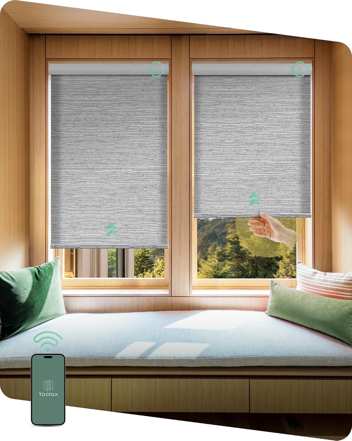 Yoolax Motorized Shades Dual Control, MotionFlex Motorized Roller Shades with App & Manual Control, Pull Down Automatic Shades for Indoor Windows, Custom Size(Light Filtering Foggy Gray)